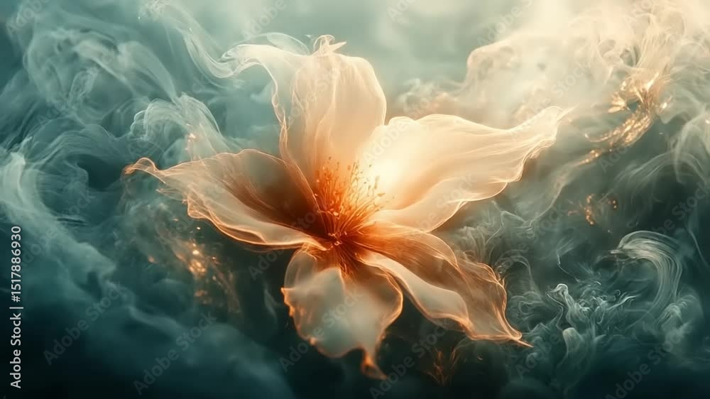 Ethereal flower emerging from swirling clouds, creating a mystical ambiance in a serene setting Ethereal flower emerging from swirling clouds, creating a mystical ambiance in a serene setting