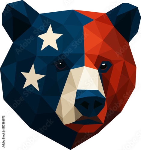 Patriotic bear head with red-blue facets and white stars; fits badges, apparel, posters, and digital icons.