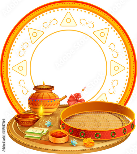 Decorated pooja thali for greetings on Indian Hindu festival Happy Karwa Chauth