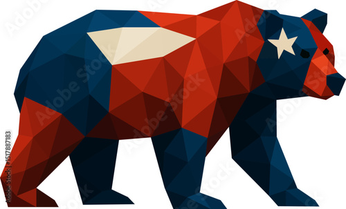 Side-view patriotic bear walking on all fours in red-blue facets with white stars; suited for branding, stickers, web graphics, and décor.