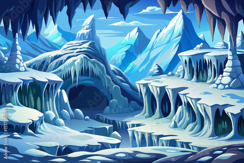 Majestic cartoon vector of glowing blue ice cave with icicles and frozen water, capturing tranquil, untouched beauty of arctic nature