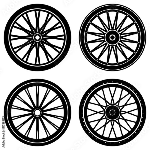Four black and white wagon wheels with spokes in varying designs arranged on a white background image