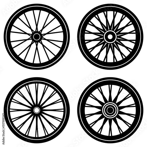 Four black and white bicycle wheels with spokes arranged in a grid pattern on a white background image