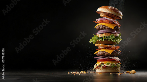 Towering stack of gourmet burgers with layers of beef patties, cheese, bacon, lettuce, and onions against dark background, showcasing mouthwatering and artistic presentation