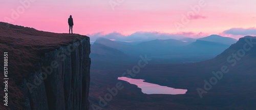 Silhouette of a Person on a Clifftop at Sunset Over a Mountain Valley