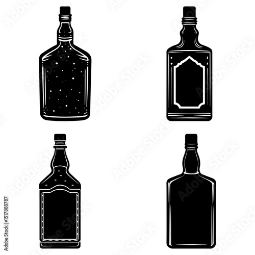 Four black and white liquor bottles with different shapes and label designs on a white background display