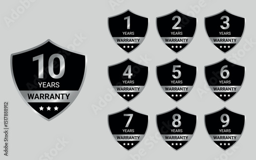 black silver warranty badges showing 1 to 10 years on shield icons with stars and text	