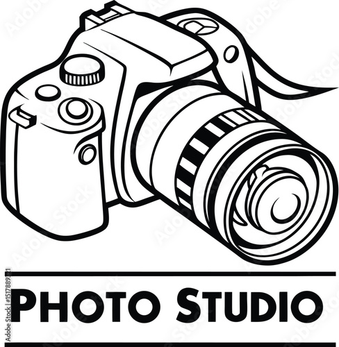 A black and white drawing of a camera with photo studio text below it in a simple design style