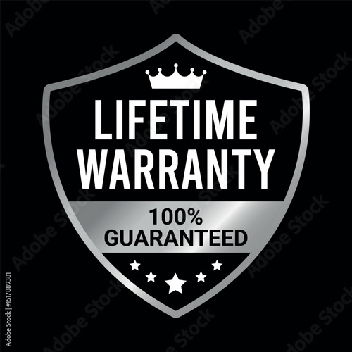 silver and black lifetime warranty badge with crown and stars used for 100 percent guaranteed products	