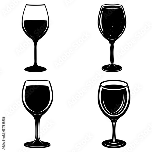 Four monochrome wine glasses filled with dark liquid in a simple graphic illustration style design