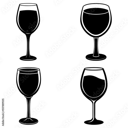 Illustration of four wine glasses filled with liquid in black and white simple vector design