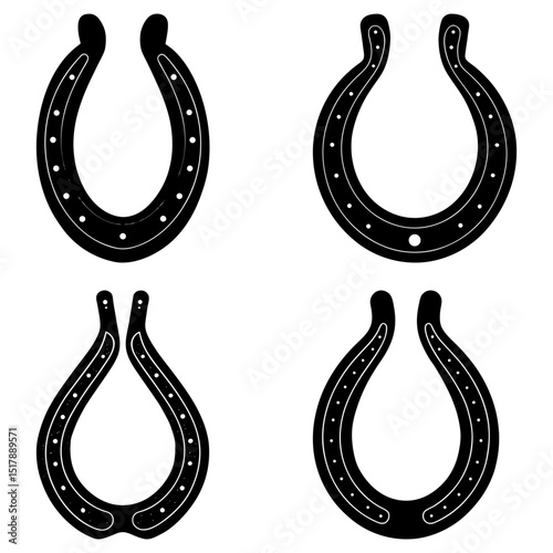 Four horseshoe shapes in black and white with distinct designs and visible nail hole details displayed