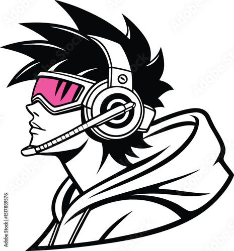 A stylized black and white illustration of a gamer with headset and pink goggles in profile view