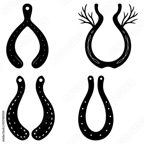 Collection of black and white horseshoe and wishbone shapes with decorative elements in a grid layout