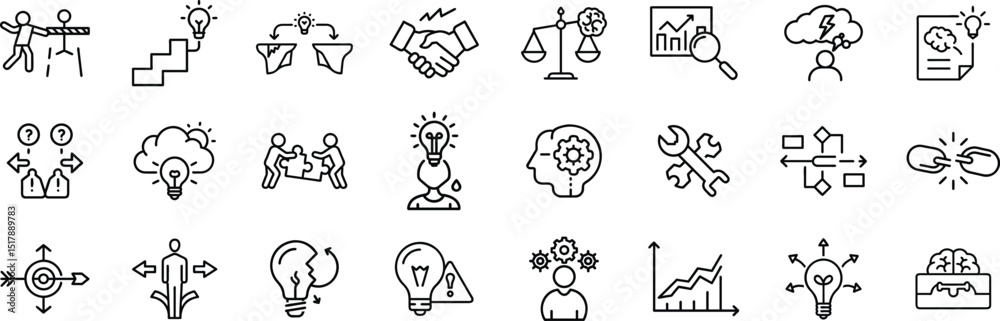 Fototapeta premium Line Icons Set of Problem Solving, Business Strategy, Team Collaboration, Creative Idea Generation, Decision Making, Critical Thinking, Innovation Planning, Business Strategy, Teamwork