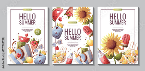 Set of summer flyers with sunflower, instant camera, beach bag, lemons, watermelon smoothie, popsicle, cherries. Vector illustration for promo, sale, flyer, banner.