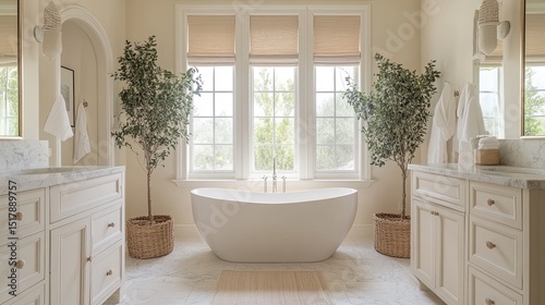 Bright bathroom with freestanding tub flanked by vanities and greenery near a large window