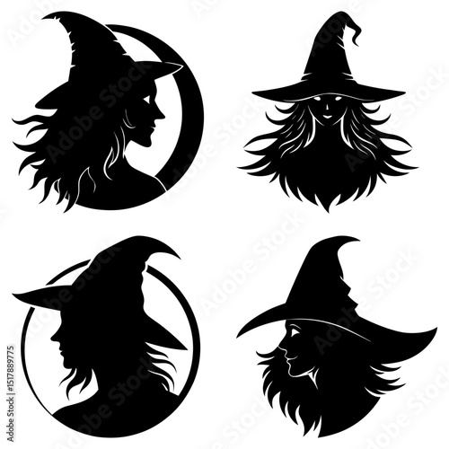 Four black silhouette witch heads with hats and hair in various poses and circular frames on a white background