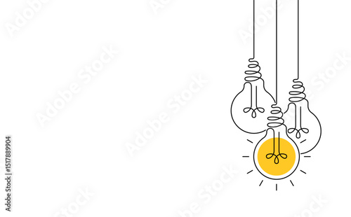 Hanging light bulbs with one glowing on white background. Continuous line drawing light bulb. Concept of idea