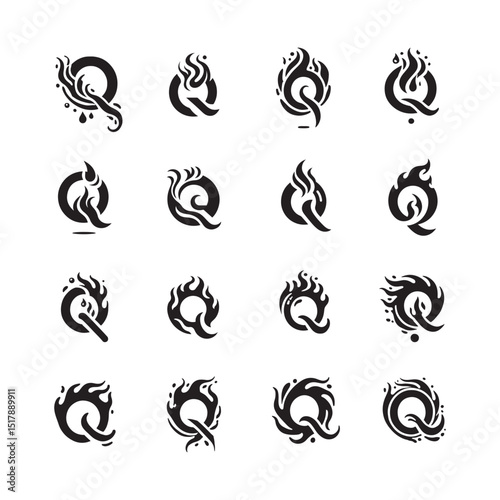 Burning letter Q fire logo icon set with flame elements, creative hot and modern vector design for alphabet branding, signage, and bold identities

