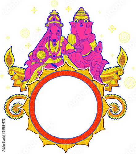Goddess Lakshmi and Lord Ganesha on happy Holiday doodle for light festival of India Happy Diwali