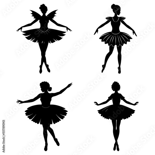 Silhouette illustrations of four ballerinas in various poses against a white background in a square layout