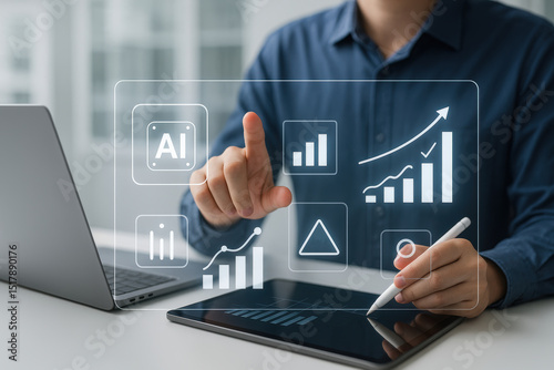 Person interacting with virtual data analytics and AI interface on tablet, showcasing futuristic technology