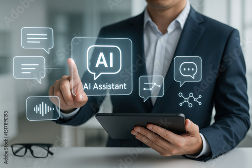 Businessman interacts with virtual AI assistant interface, showcasing futuristic technology and communication