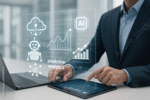 Businessman interacts with tablet displaying predictive analytics, AI, and data visualization icons, symbolizing advanced
