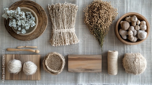 Overhead shot of dried flowers and natural materials arranged on a textured neutral surface