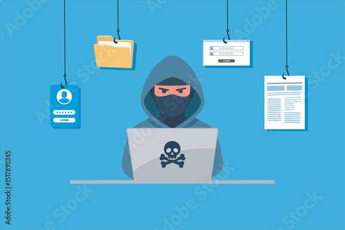 Hacker and Cyber criminals phishing stealing private personal data, user login, password and document.