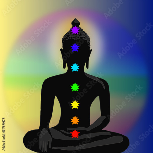 Silhouette of a meditating buddha in a lotus position, with chakras represented as colorful star-like symbols along the spine. Each chakra is a different color, depicting the traditional seven chakra 