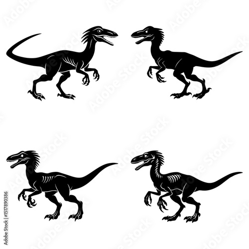 Four silhouettes of velociraptors in various poses, some with visible skeletal structures, on white background