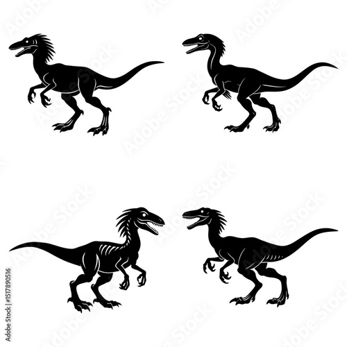Four black silhouette raptors in various poses against a white background illustration design image