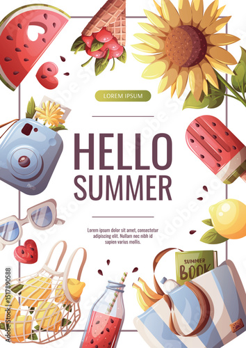 Summer flyer with sunflower, instant camera, beach bag, lemons, watermelon smoothie, popsicle, cherries. Vector illustration for promo, sale, flyer, banner.