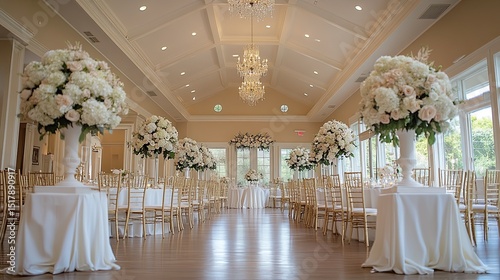 Interior view of a wedding reception hall with flower arrangements and gold chairs setup for guests