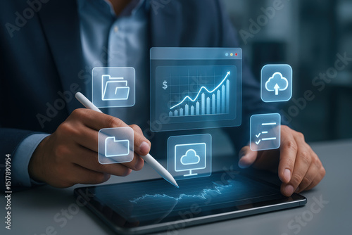 Person using digital tablet with holographic financial and cloud icons, symbolizing technology and data analysis