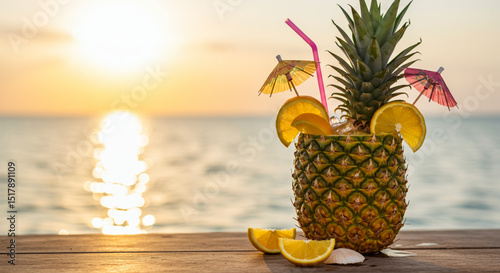 Refreshing pineapple cocktail served in a carved pineapple with beach and sunset in the background.