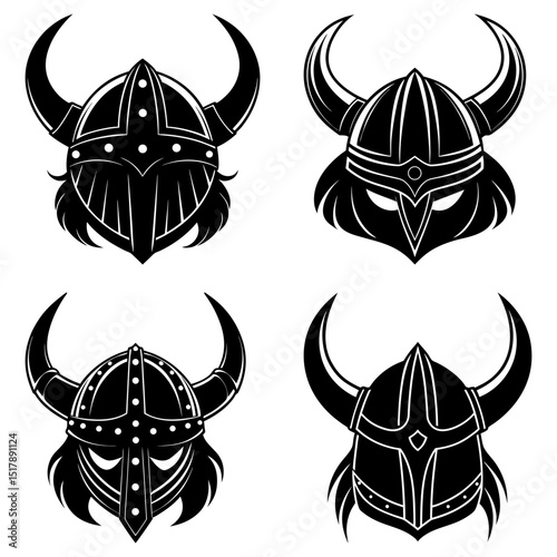 Collection of viking helmet designs with horns and intricate details in black and white monochrome style
