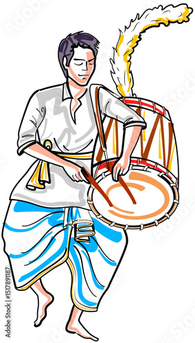 Dhaki playing dhak drum in Happy Durga Puja Subh Navratri Indian religious