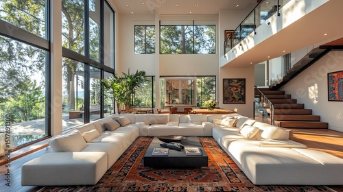 Interior of a luxurious living room with large windows and a white sectional sofa and staircase view
