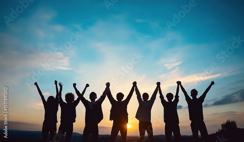 Silhouette image of a group of people raising their hands, suitable for corporate annual meetings, team-building activities, and corporate culture promotion.