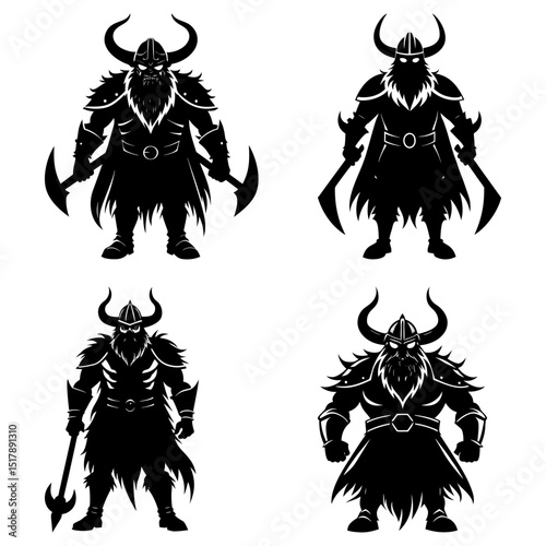 Four black silhouettes of viking warriors with horned helmets and various weapons on a white background