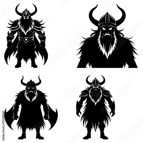 Four black silhouette illustrations of viking warriors with horned helmets and long beards standing tall