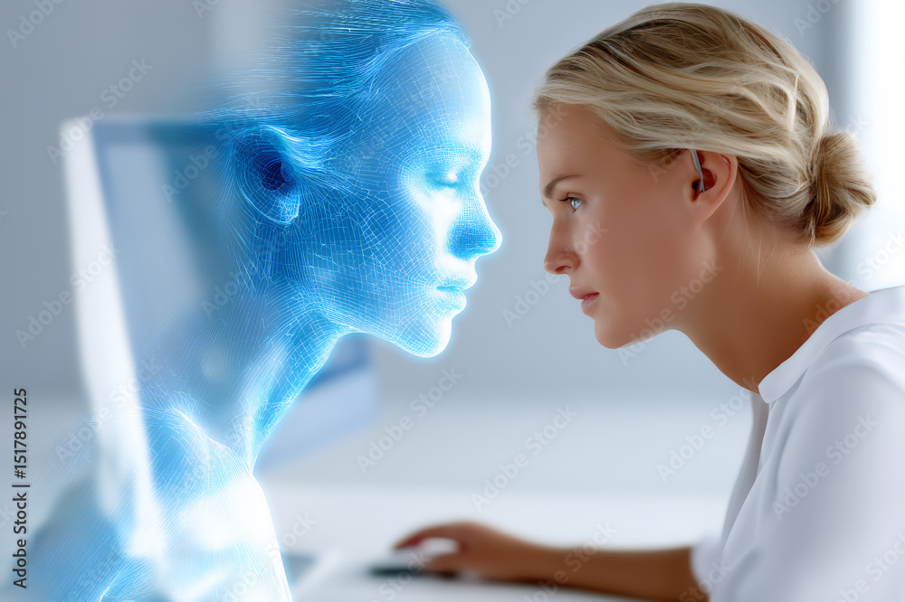 Obraz premium Woman Interacting with Futuristic Blue Hologram in Bright Modern Office Setting