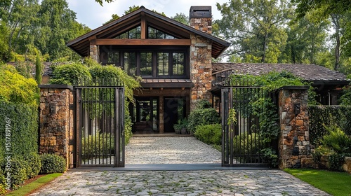 Stone house entrance with iron gates and lush greenery surrounding the property in a wooded area