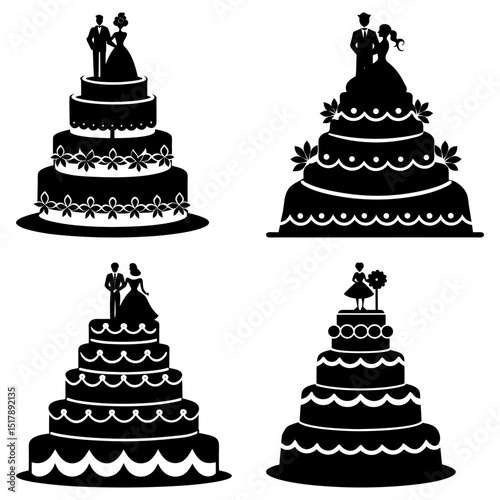Four wedding cakes with bride and groom toppers in black silhouette on a white background design element