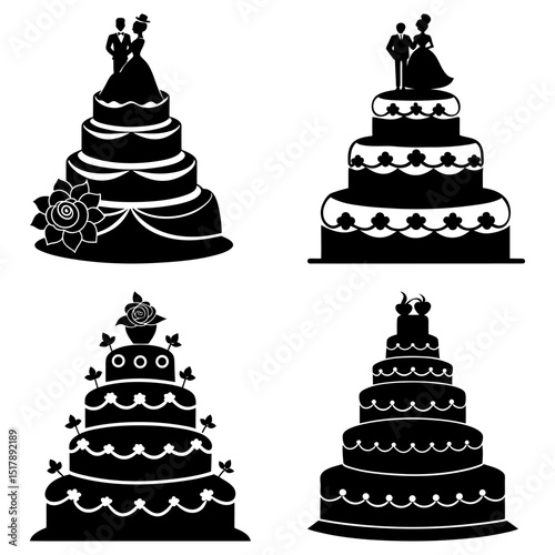 Four silhouette wedding cakes with multiple tiers and decorative toppings in a vector illustration