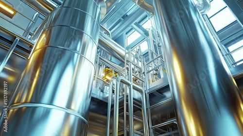 Industrial interior with silver pipes and metal structure under bright lighting system view from below