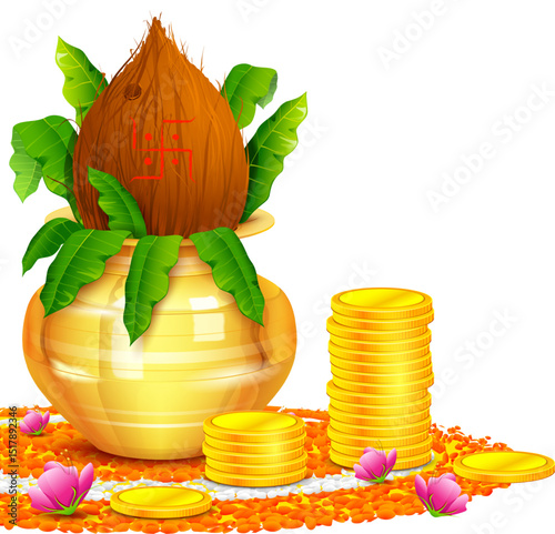 Gold coin in pot for Dhantera celebration on Happy Diwali light festival of India